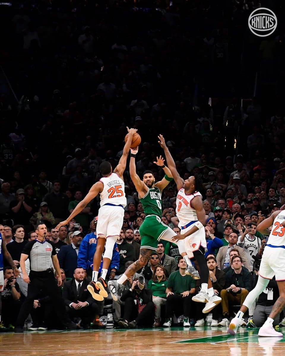 5/7/25 Boston, MA TD Gardens| Jayson Tatum gets blocked and stripped in final seconds of Game 2. Mandatory Credit: NY Knicks