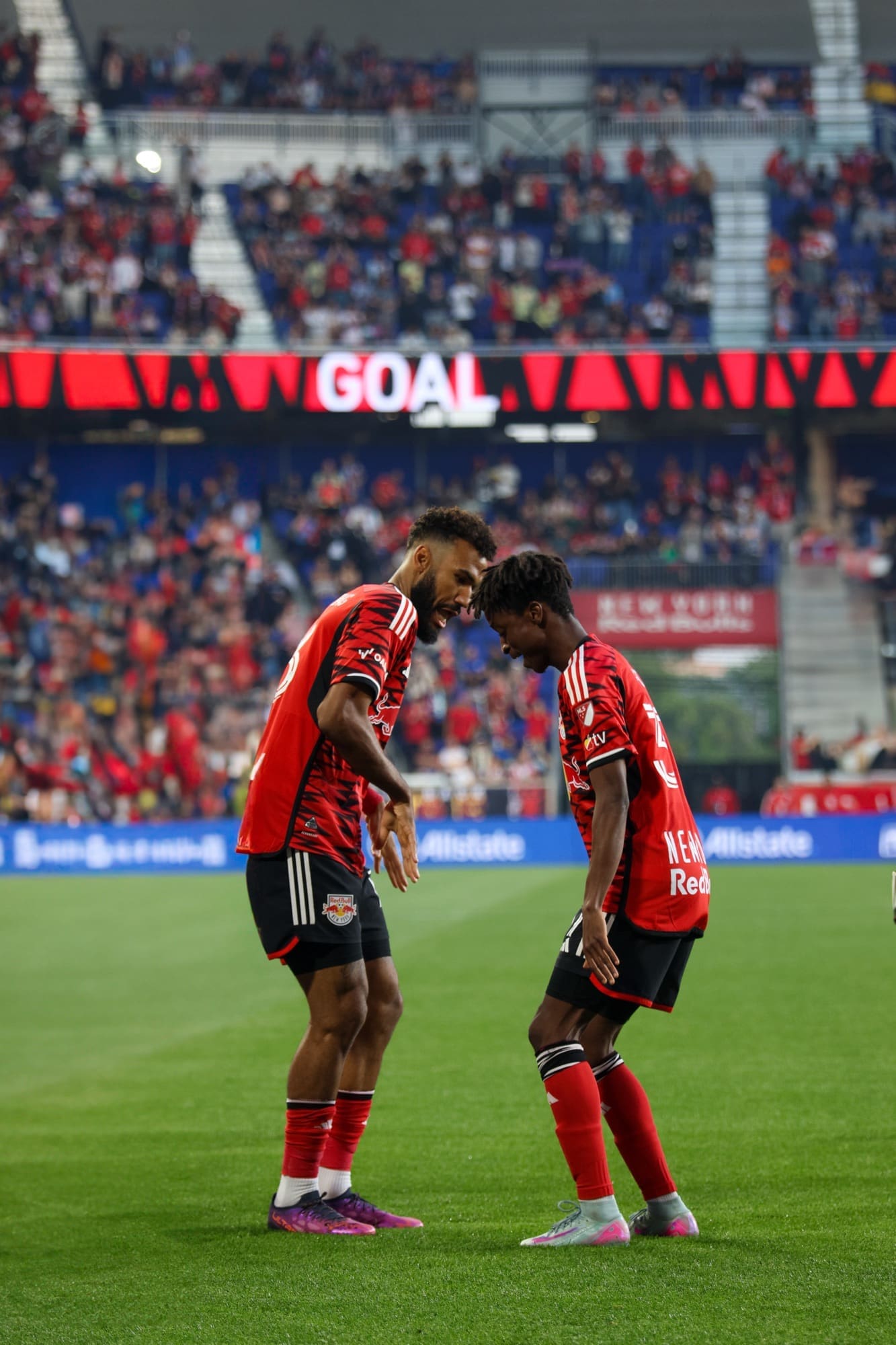 5/10/25, Harrison, New Jersey, Sports Illustrated Stadium, #13 Eric Maxim Choupo-Moting New York Red Bulls Celebrates His Goal With His Teammates #37 Mohammed Sofo. Jose Pichirilo /Bad Dawg Sports