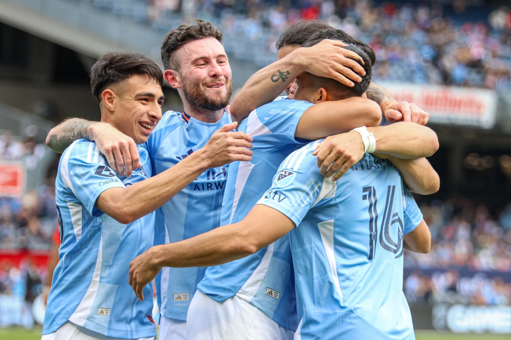 5/25/25, bronx, New York City, Yankee Stadium, Alonso Martínez #16 of New York City FC celebrates his second half goal with teammate. Jose Pichirilo /Bad Dawg Sports