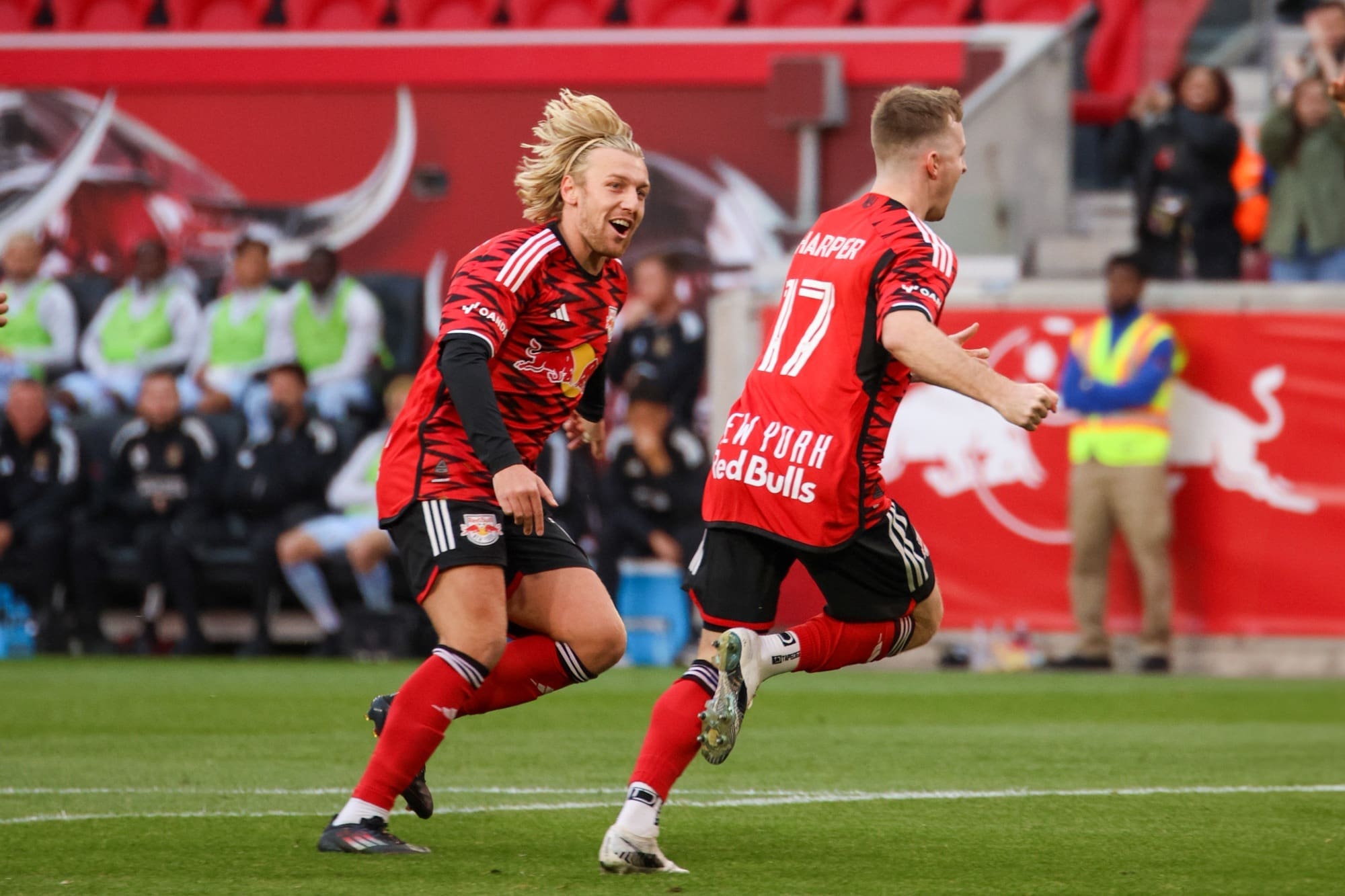 5/31/25, Harrison, New Jersey, Sports illustrated Stadium, #17 Cameron Harper of the New York Red Bulls celebrates with teammates #10 Emil Forsberg after scoring a first-half goal. Jose Pichirilo /Bad Dawg Sports