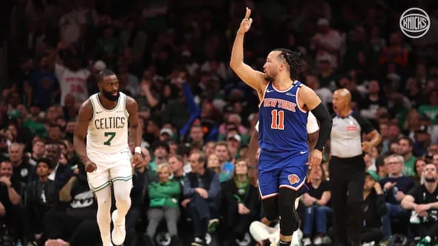NY Knicks Jalen Brunson celebrates hitting a big 3 against Celtics during Game 1 . Mandatory Credit: New York Knicks