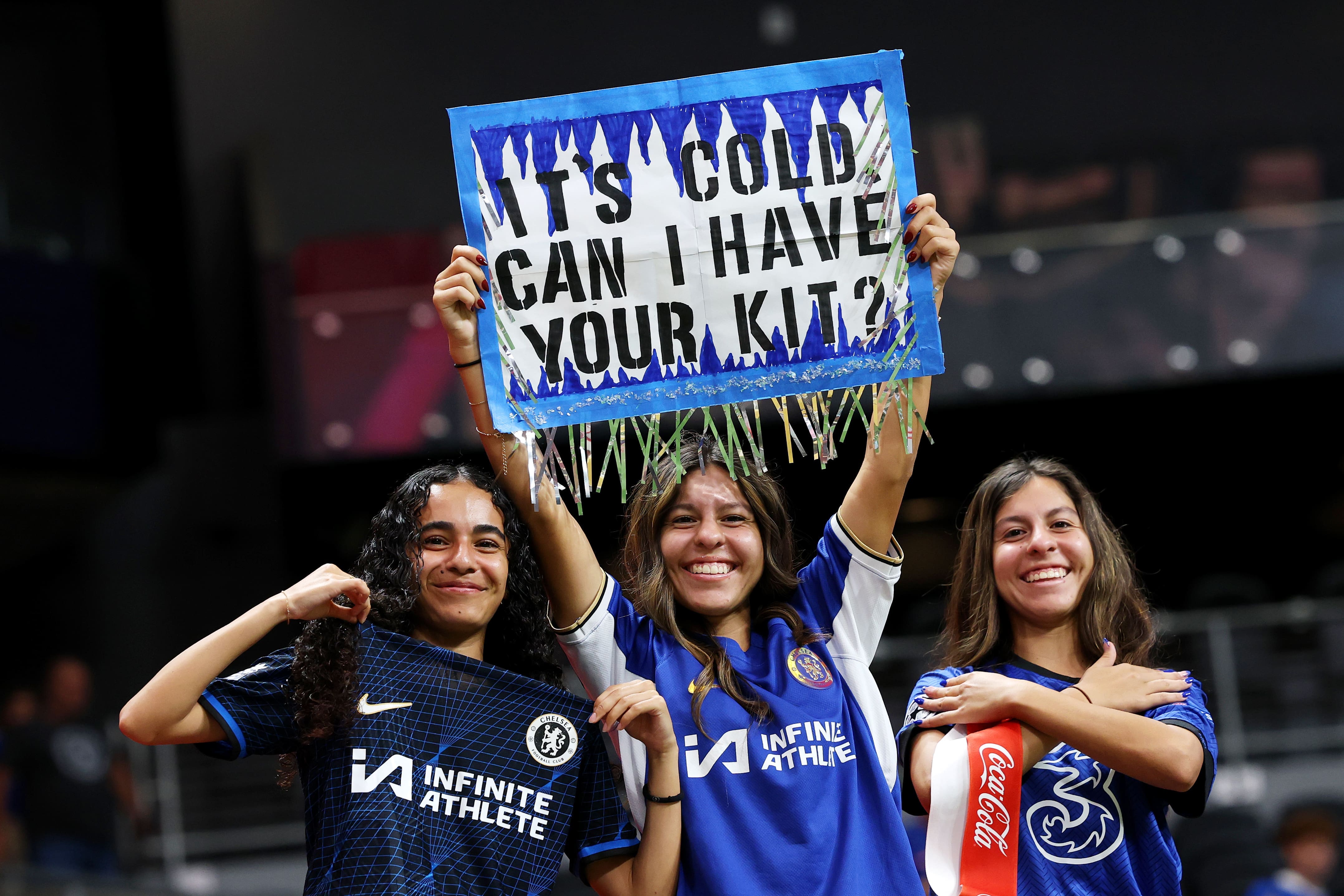 ATLANTA, GEORGIA - JUNE 16: Fans hold up a sign in support of Chelsea FC prior to the FIFA Club World Cup 2025 group D match between Chelsea FC and Los Angeles Football Club at Mercedes-Benz Stadium on June 16, 2025 in Atlanta, Georgia. (Photo by Michael Regan - FIFA/FIFA via Getty Images)