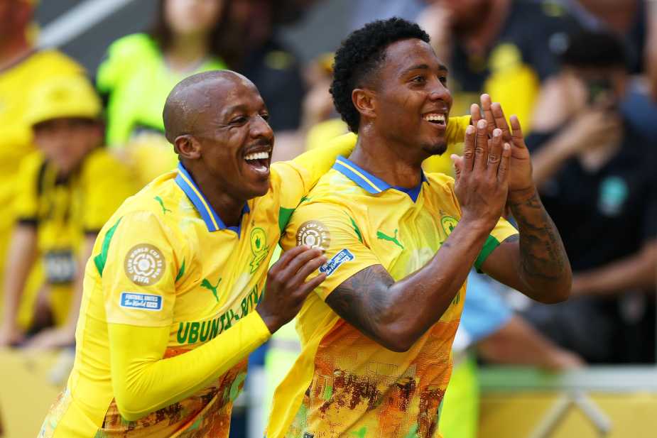 CINCINNATI, OHIO - JUNE 21: Lucas Ribeiro #10 of Mamelodi Sundowns FC celebrates with Khuliso Mudau #25 after scoring his team's first goal during the FIFA Club World Cup 2025 group F match between Mamelodi Sundowns FC and Borussia Dortmund at TQL Stadium on June 21, 2025 in Cincinnati, Ohio. (Photo by Jared C. Tilton - FIFA/FIFA via Getty Images)
