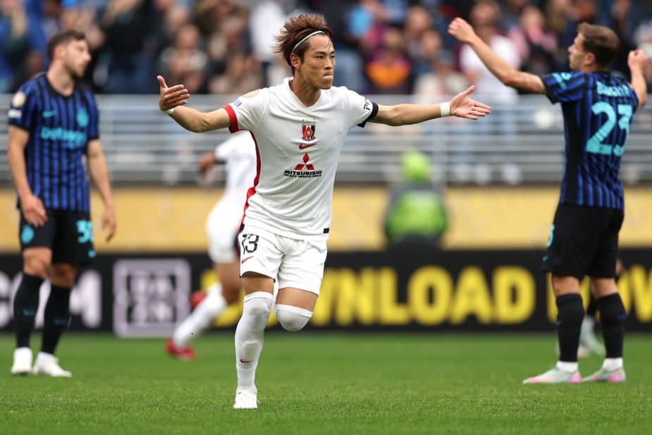 SEATTLE, WASHINGTON - JUNE 21: Ryoma Watanabe #13 of Urawa Red Diamonds celebrates after scores his team's first goal during the FIFA Club World Cup 2025 group E match between FC Internazionale Milano and Urawa Red Diamonds at Lumen Field on June 21, 2025 in Seattle, Washington. (Photo by Justin Setterfield - FIFA/FIFA via Getty Images)