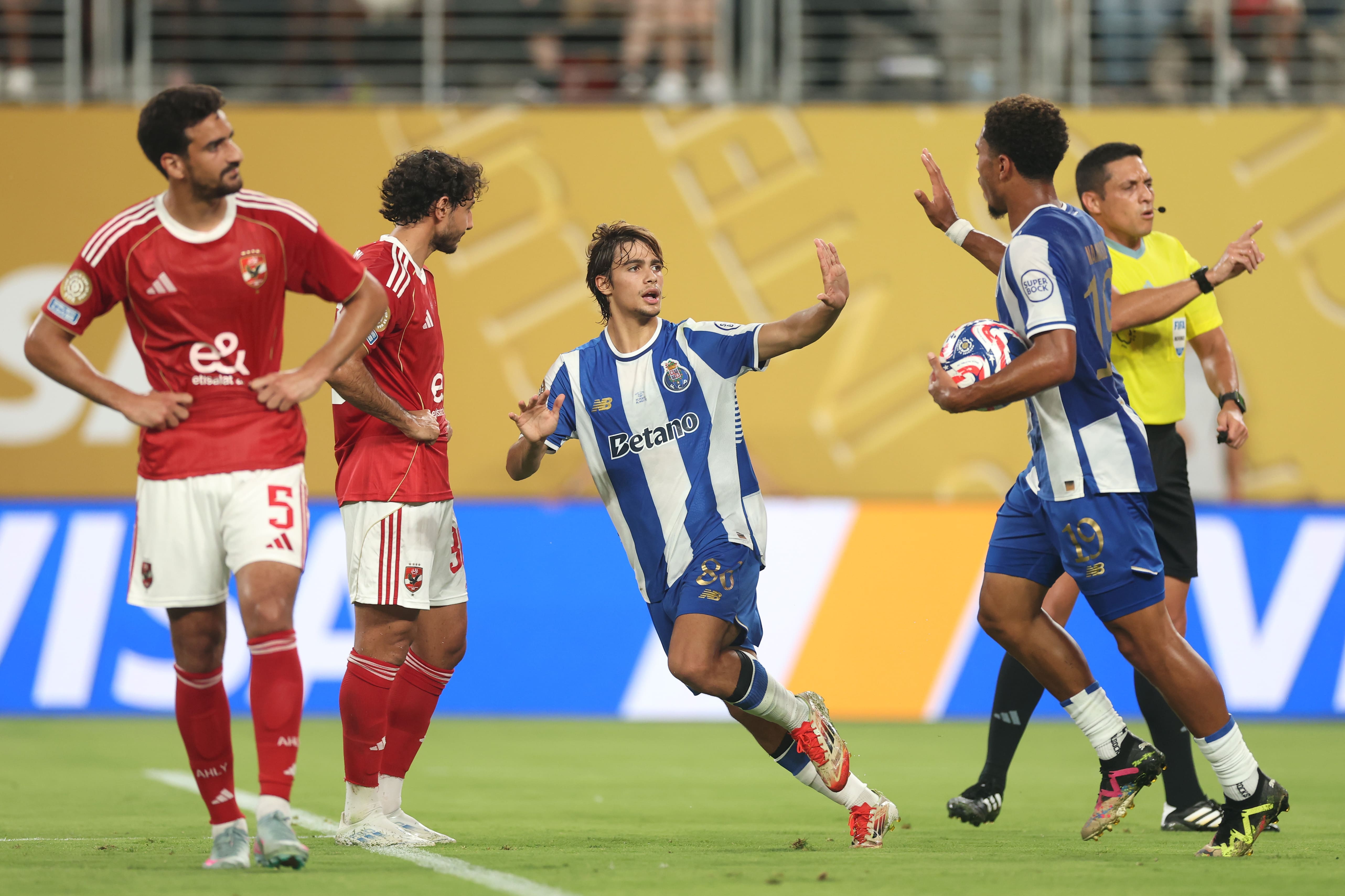 EAST RUTHERFORD, NEW JERSEY - JUNE 23: Rodrigo Mora #86 of FC Porto celebrates with Danny Namaso #19 after scoring his team's first goal during the FIFA Club World Cup 2025 group A match between FC Porto and Al Ahly SC at MetLife Stadium on June 23, 2025 in East Rutherford, New Jersey. (Photo by Carl Recine - FIFA/FIFA via Getty Images)