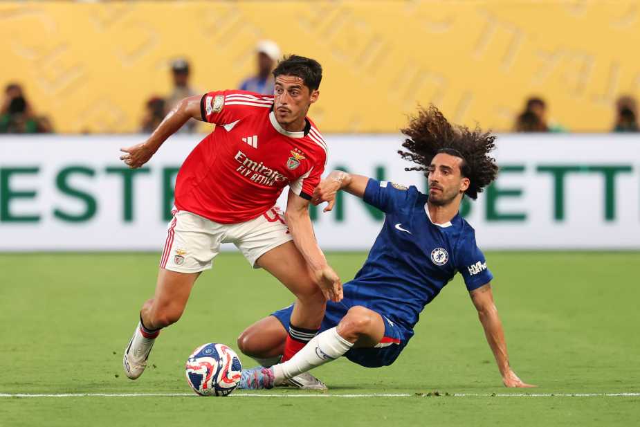 CHARLOTTE, NORTH CAROLINA - JUNE 28: Tiago Gouveia #47 of SL Benfica is tackled by Marc Cucurella #3 of Chelsea FC during the FIFA Club World Cup 2025 round of 16 match between SL Benfica and Chelsea FC at Bank of America Stadium on June 28, 2025 in Charlotte, North Carolina. (Photo by Grant Halverson - FIFA/FIFA via Getty Images)