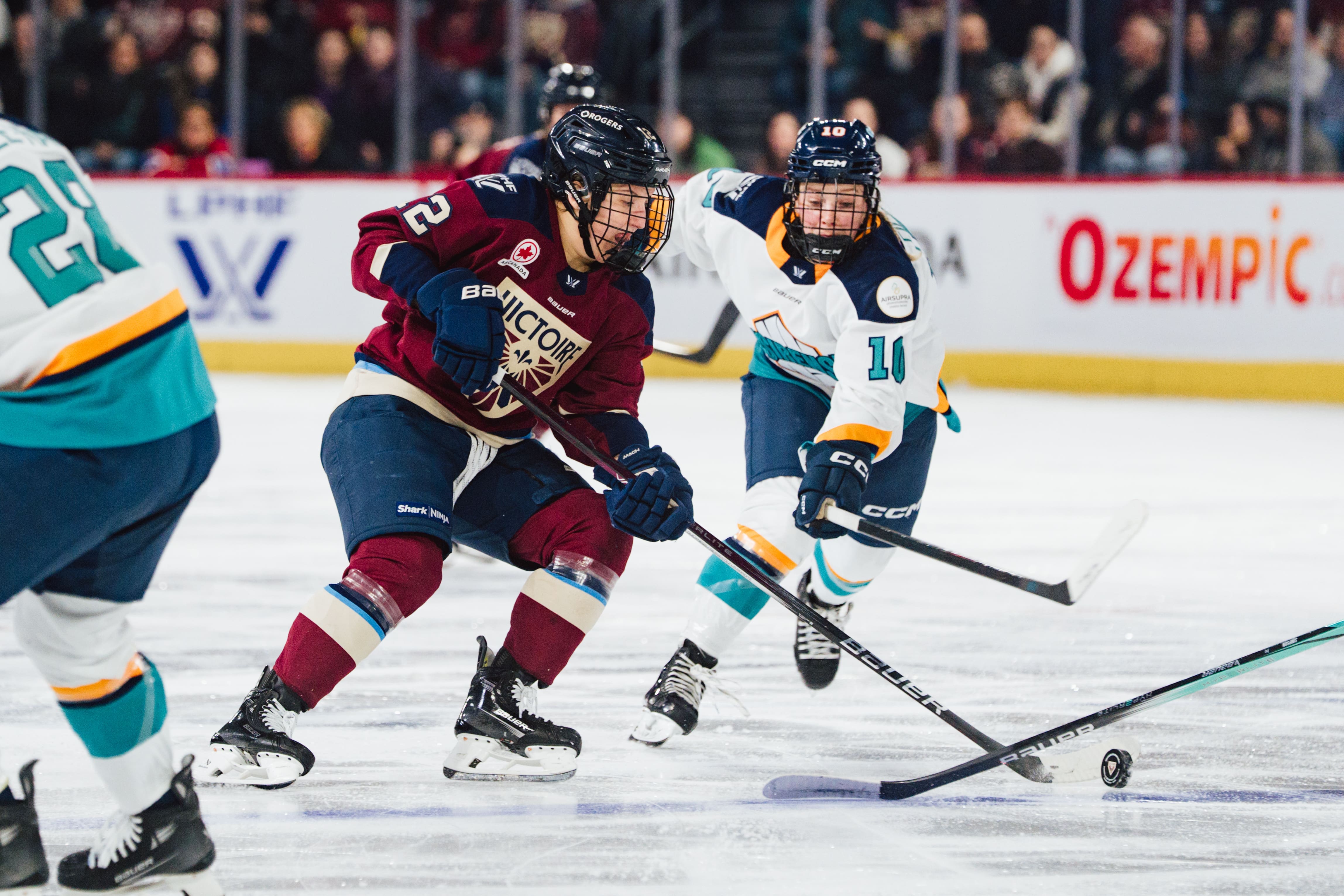 LAVAL, CANADA - APRIL 1: The PWHL regular season game between the New York Sirens and the Victoire de Montréal at the Place Bell on April 1, 2025, in Laval, Quebec, Canada. (Photo by Laurent Corbeil/PWHL)