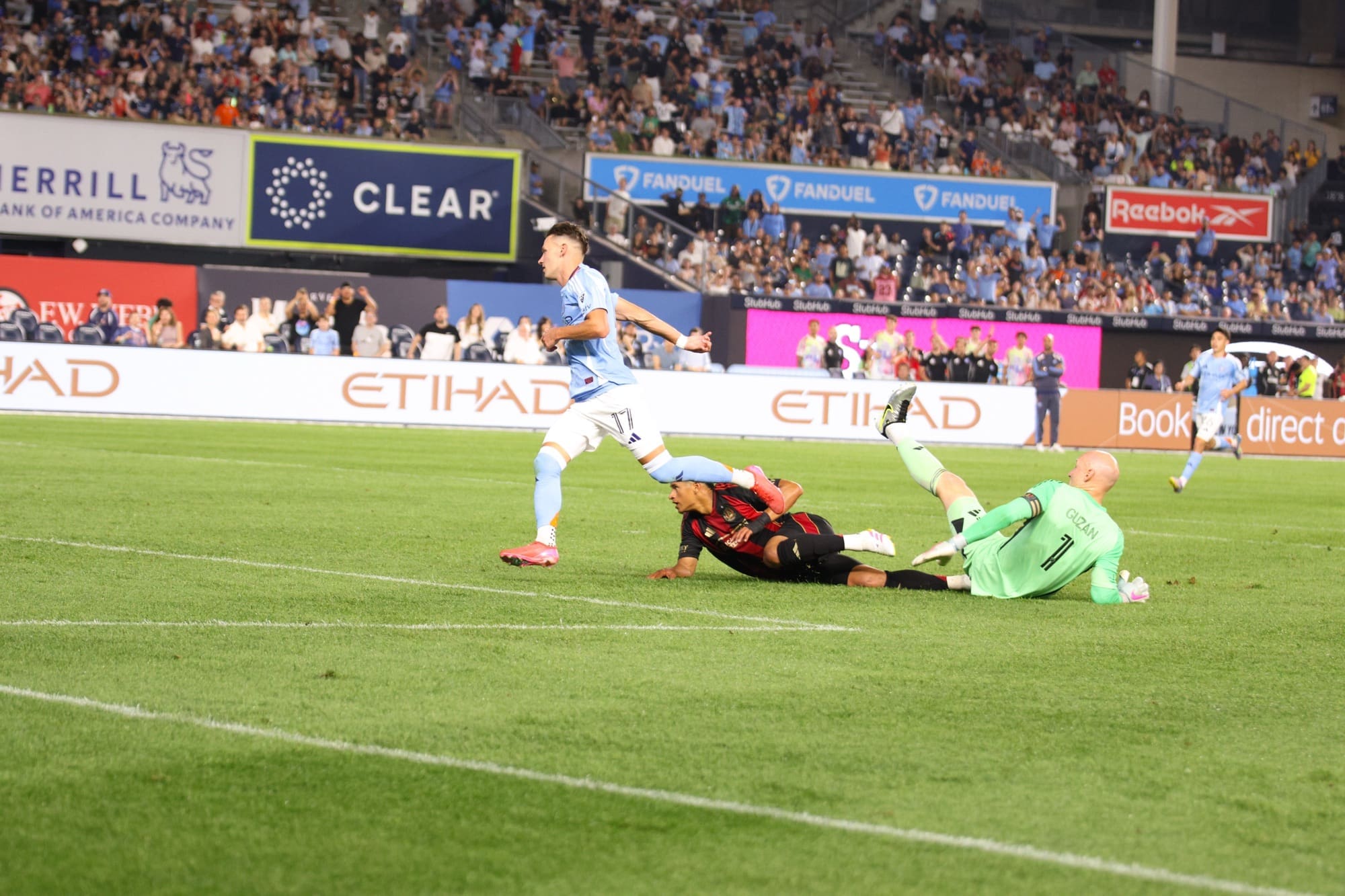 6/12/25, Bronx, New York City, Yankees Stadium, #17 Hannes Wolf of New York City FC scores in the second half, driving the ball into an open net during the Major League Soccer match against Atlanta United. Jose Pichirilo /Bad Dawg Sports