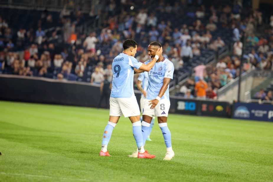 6/12/25, Bronx, New York City, Yankees Stadium, #9 Monsef Bakrar of New York City FC celebrates with #8 Andrés Perea after scoring a second-half goal against Atlanta United. Jose Pichirilo /Bad Dawg Sports