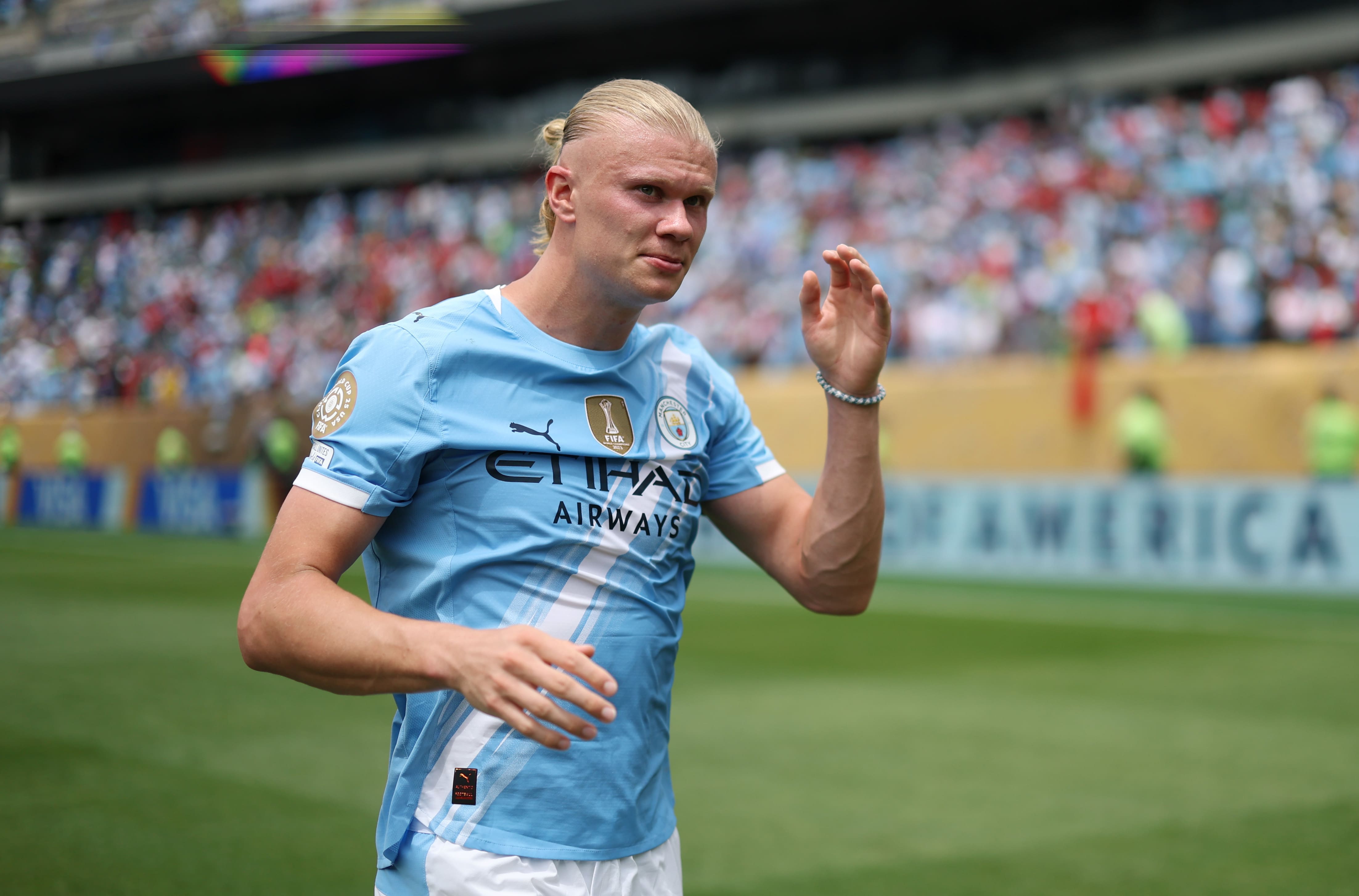 PHILADELPHIA, PENNSYLVANIA - JUNE 18: Erling Haaland #9 of Manchester City reacts following the FIFA Club World Cup 2025 group G match between Manchester City FC and Wydad AC at Lincoln Financial Field on June 18, 2025 in Philadelphia, Pennsylvania. (Photo by Carl Recine - FIFA/FIFA via Getty Images)