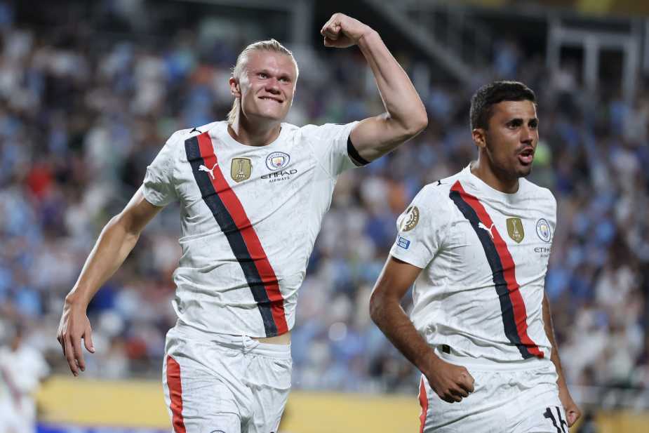 ORLANDO, FLORIDA - JUNE 30: Erling Haaland #9 of Manchester City celebrates scoring his team's second goal with Rodri #16 during the FIFA Club World Cup 2025 round of 16 match between Manchester City and Al-Hilal at Camping World Stadium on June 30, 2025 in Orlando, Florida. (Photo by Elsa - FIFA/FIFA via Getty Images)