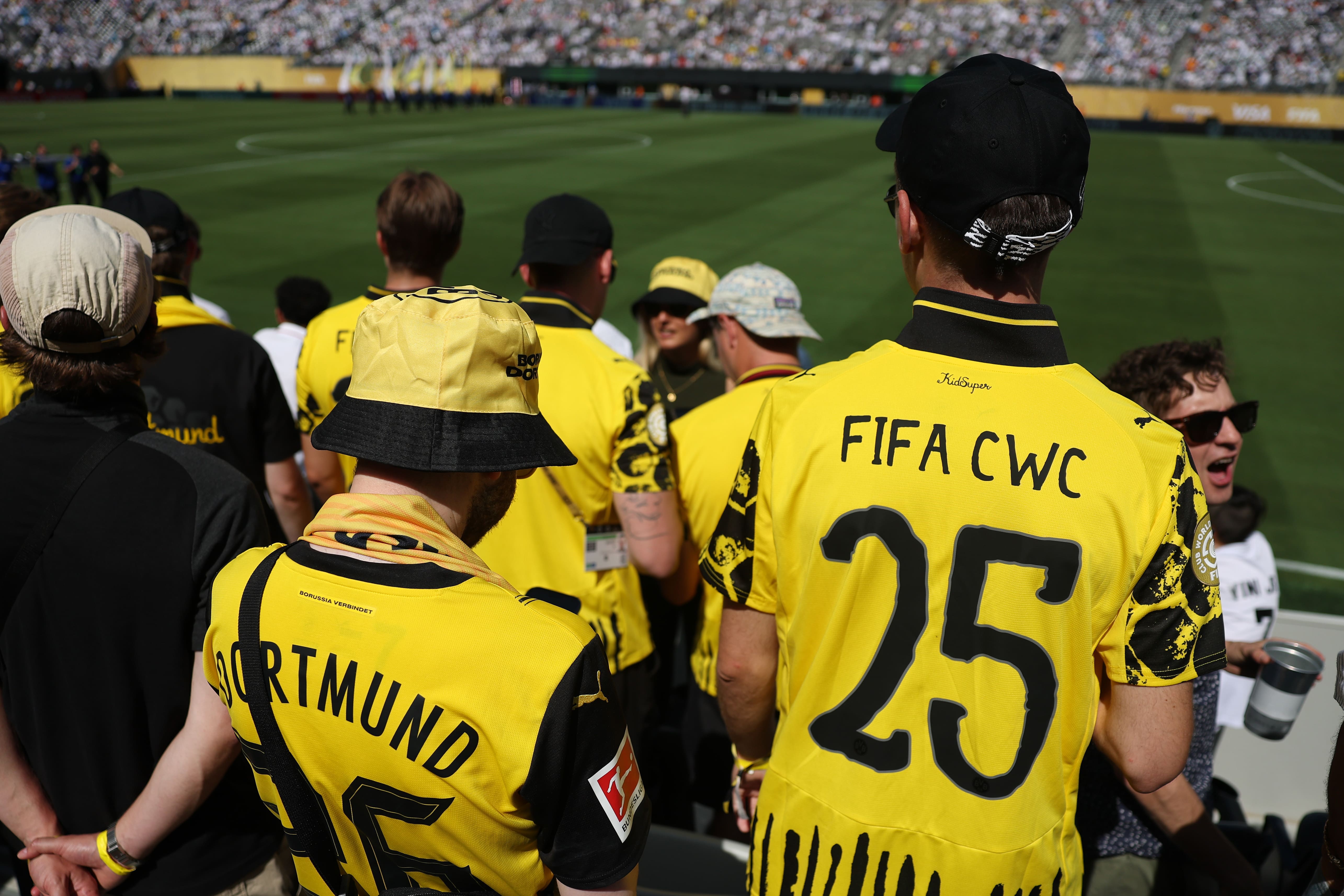 EAST RUTHERFORD, NEW JERSEY - JULY 05: Fans of Borussia Dortmund look on prior to the FIFA Club World Cup 2025 quarter-final match between Real Madrid CF and Borussia Dortmund at MetLife Stadium on July 05, 2025 in East Rutherford, New Jersey. (Photo by Carl Recine - FIFA/FIFA via Getty Images)