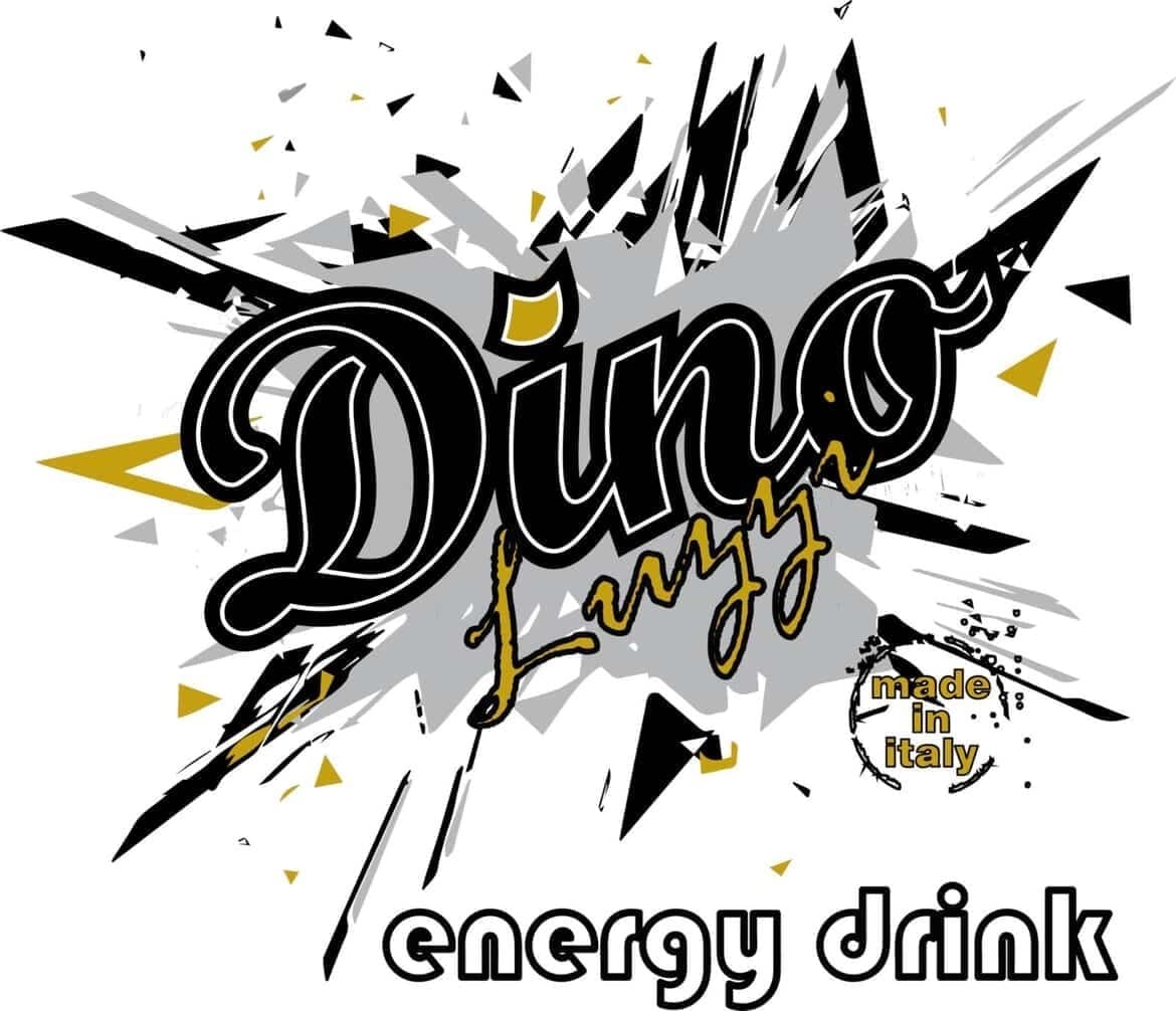 Dino Energy Drink logo with explosive black and gold design featuring dynamic geometric shapes and 'made in Italy' stamp