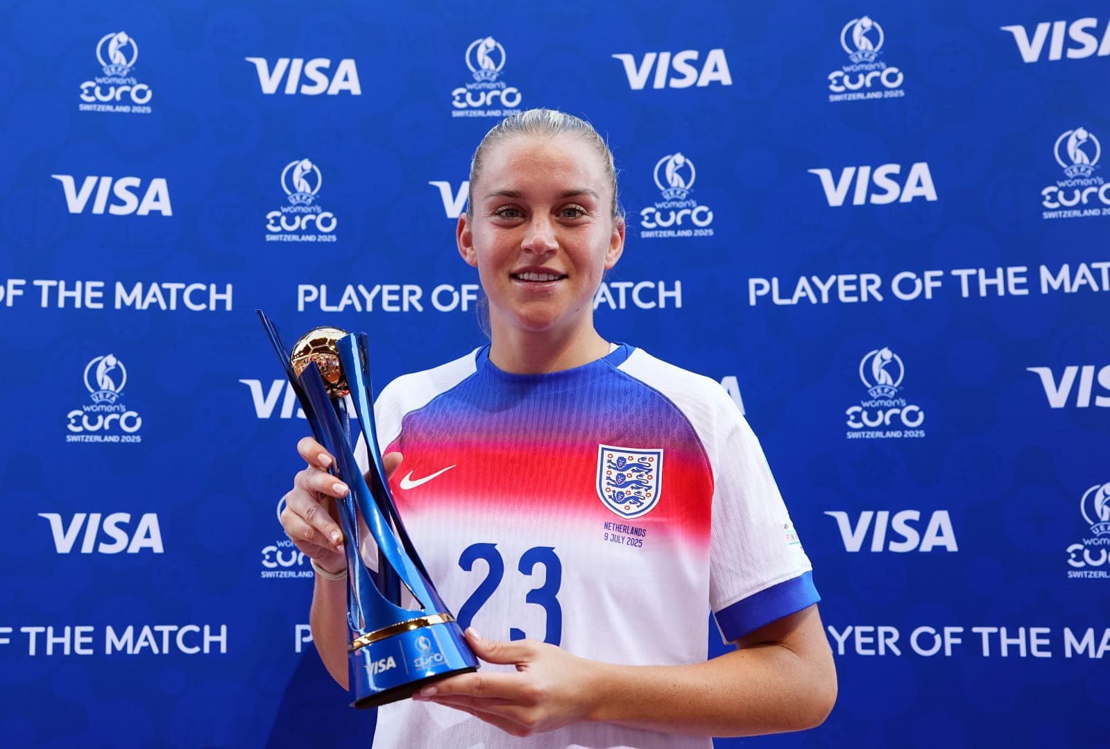 ZURICH, SWITZERLAND - JULY 09: Alessia Russo of England poses for a photo with the VISA Player Of The Match award after the team's victory in the UEFA Women's EURO 2025 Group D match between England and Netherlands at Stadion Letzigrund on July 09, 2025 in Zurich, Switzerland. (Photo by Aitor Alcalde - UEFA/UEFA via Getty Images)