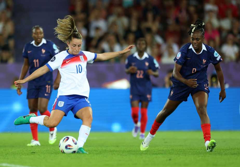 ZURICH, SWITZERLAND - JULY 05: Ella Toone of England takes a shot whilst under pressure from Melvine Malard of France during the UEFA Women's EURO 2025 Group D match between France and England at Stadion Letzigrund on July 05, 2025 in Zurich, Switzerland. (Photo by Maja Hitij - UEFA/UEFA via Getty Images)
