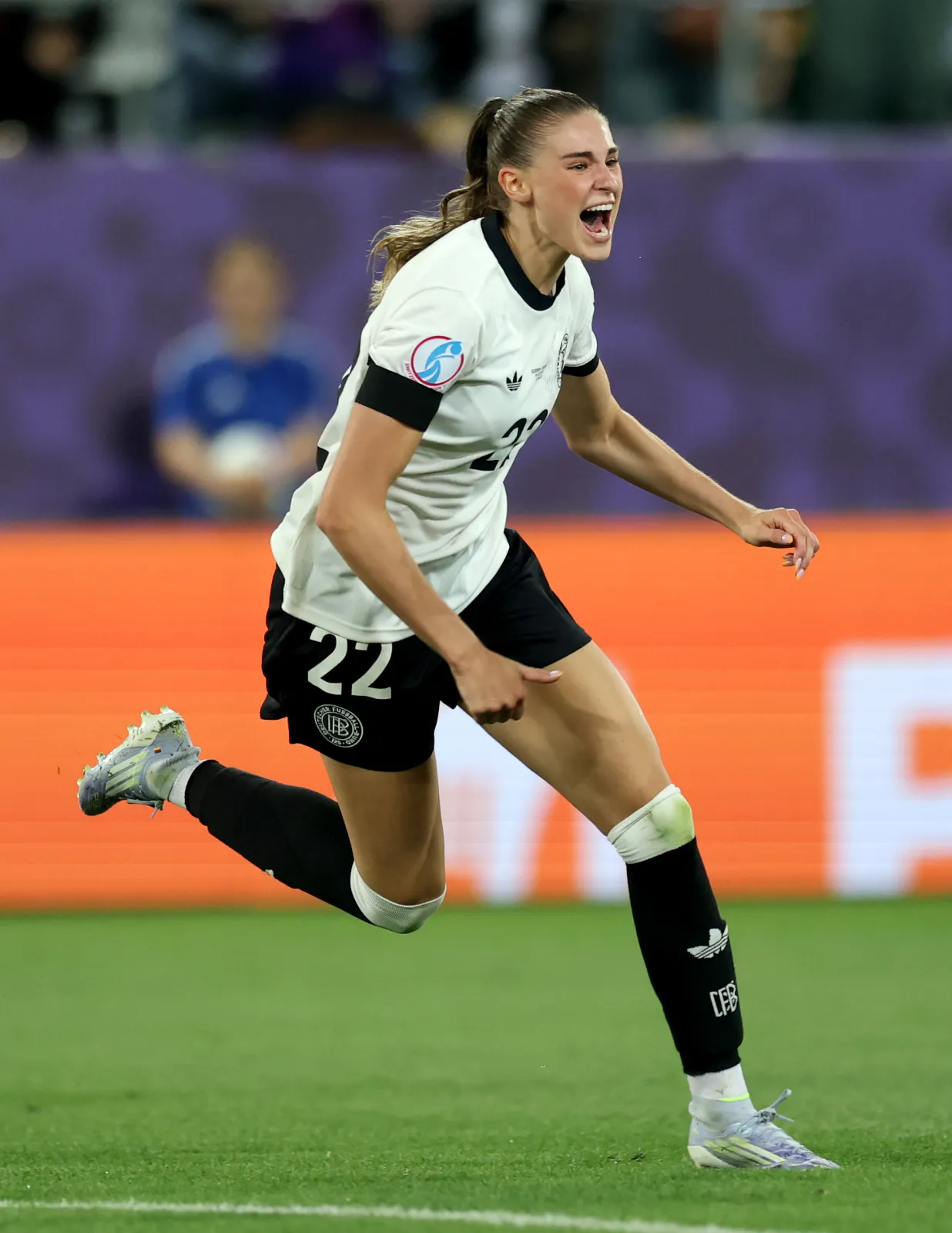 ST GALLEN, SWITZERLAND - JULY 04: Jule Brand of Germany celebrates scoring her team's first goal during the UEFA Women's EURO 2025 Group C match between Germany and Poland at Arena St. Gallen on July 04, 2025 in St Gallen, Switzerland. (Photo by Maja Hitij - UEFA/UEFA via Getty Images)