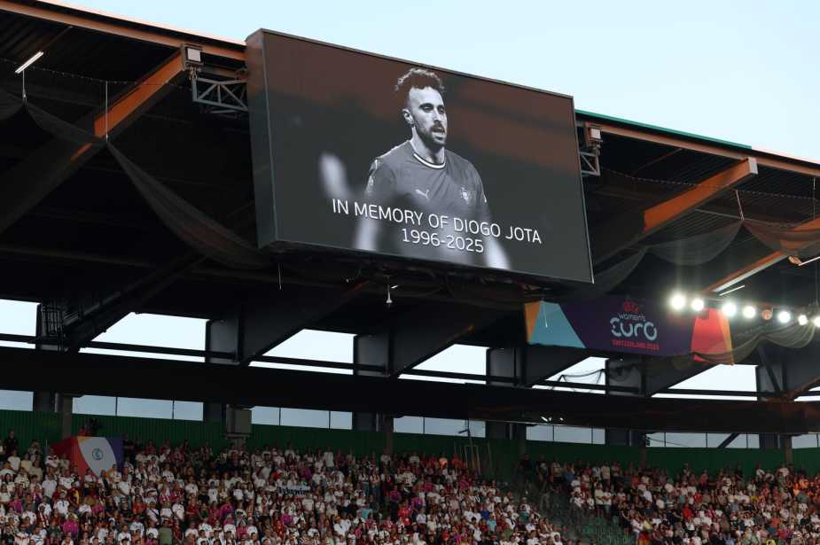ST GALLEN, SWITZERLAND - JULY 04: The LED screen displays a image of Diogo Jota, in tribute to former football player Diogo Jota and his brother Andre Silva, after they passed away on the 3rd of July 2025 prior to the UEFA Women's EURO 2025 Group C match between Germany and Poland at Arena St. Gallen on July 04, 2025 in St Gallen, Switzerland. (Photo by Maja Hitij - UEFA/UEFA via Getty Images)