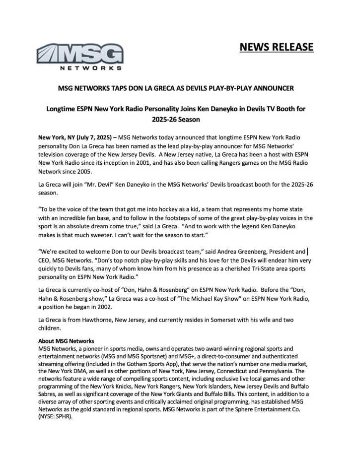 A press release from MSG Networks announcing Don La Greca as the new play-by-play announcer for the New Jersey Devils, featuring a quote from La Greca about his excitement for the role.
