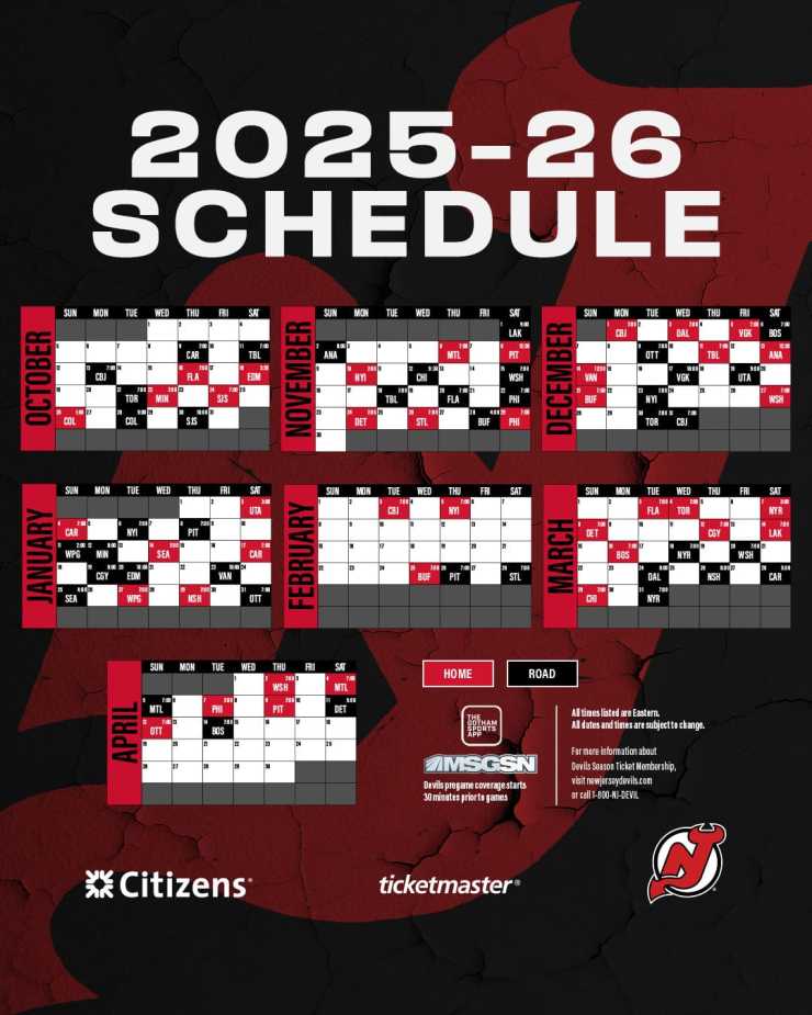 2025-26 schedule for the New Jersey Devils featuring game dates and opponents, organized by month.
