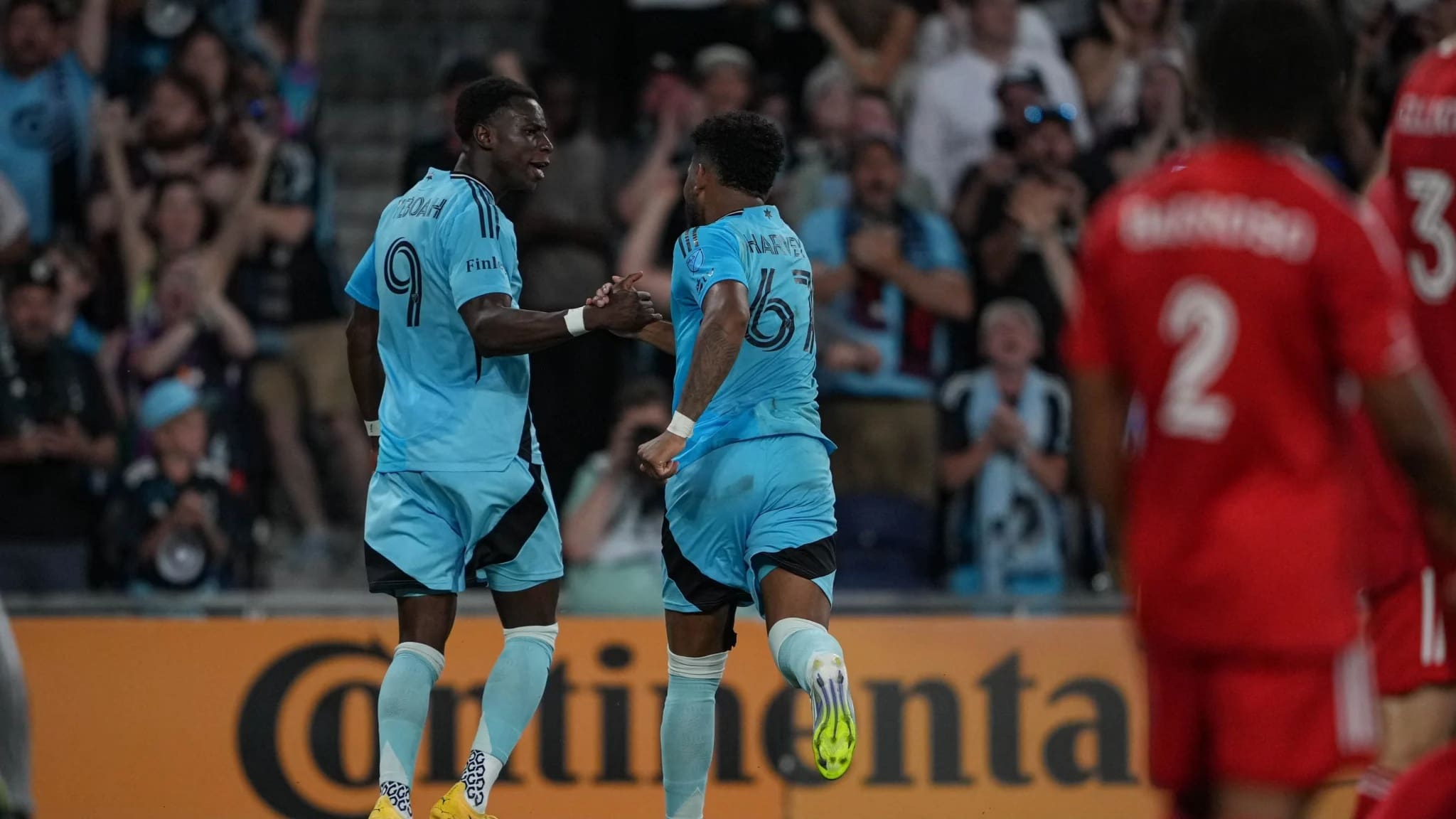 SAINT PAUL, MINNESOTA JULY 9th, 2025; Minnesota United’s Kelvin Yeboah and Carlos Harvey celebrating Yeboah’s first of his brace against Chicago Fire during the US Open Cup Quarterfinal; Mandatory Photo Credit: Minnesota United
