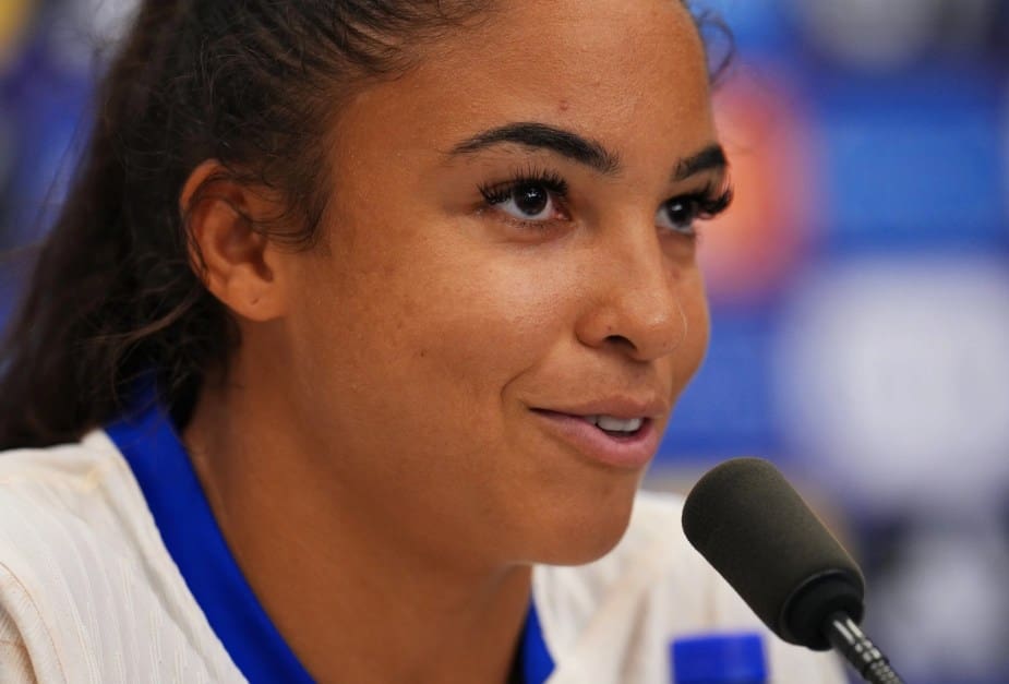 BASEL, SWITZERLAND - JULY 13: Delphine Cascarino of France speaks to the media in a post match press conference after the UEFA Women's EURO 2025 Group D match between Netherlands and France at St. Jakob-Park on July 13, 2025 in Basel, Switzerland. (Photo by Aitor Alcalde - UEFA/UEFA via Getty Images)