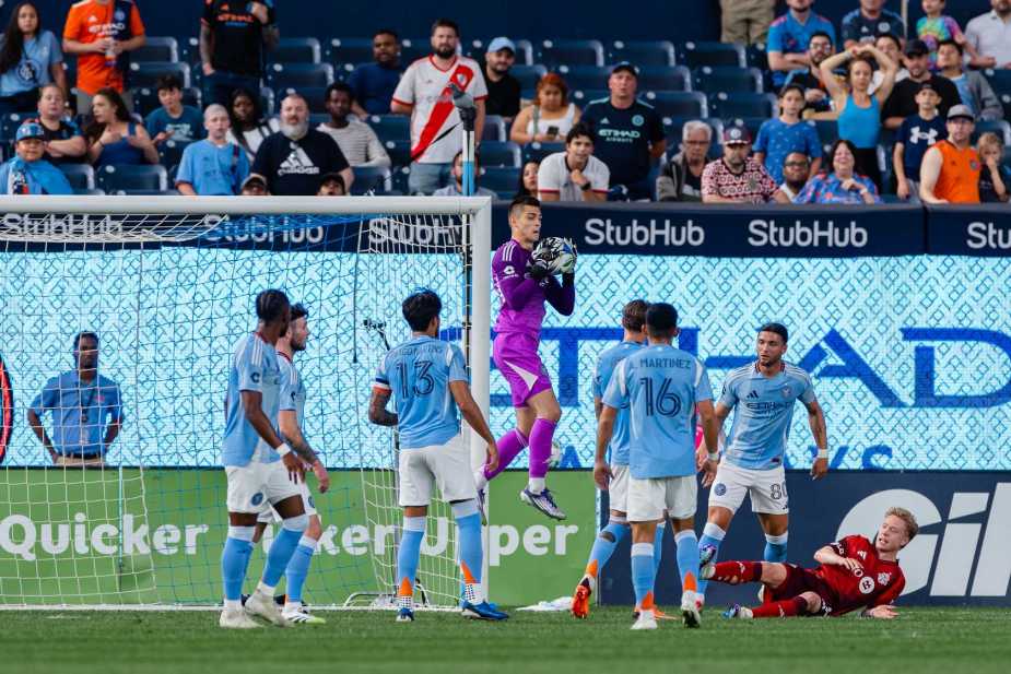 7/3/25 Bronx, NY Yankee Stadium| Tomas Romero makes an aerial save against Toronto FC. Mandatory Credit: NYCFC
