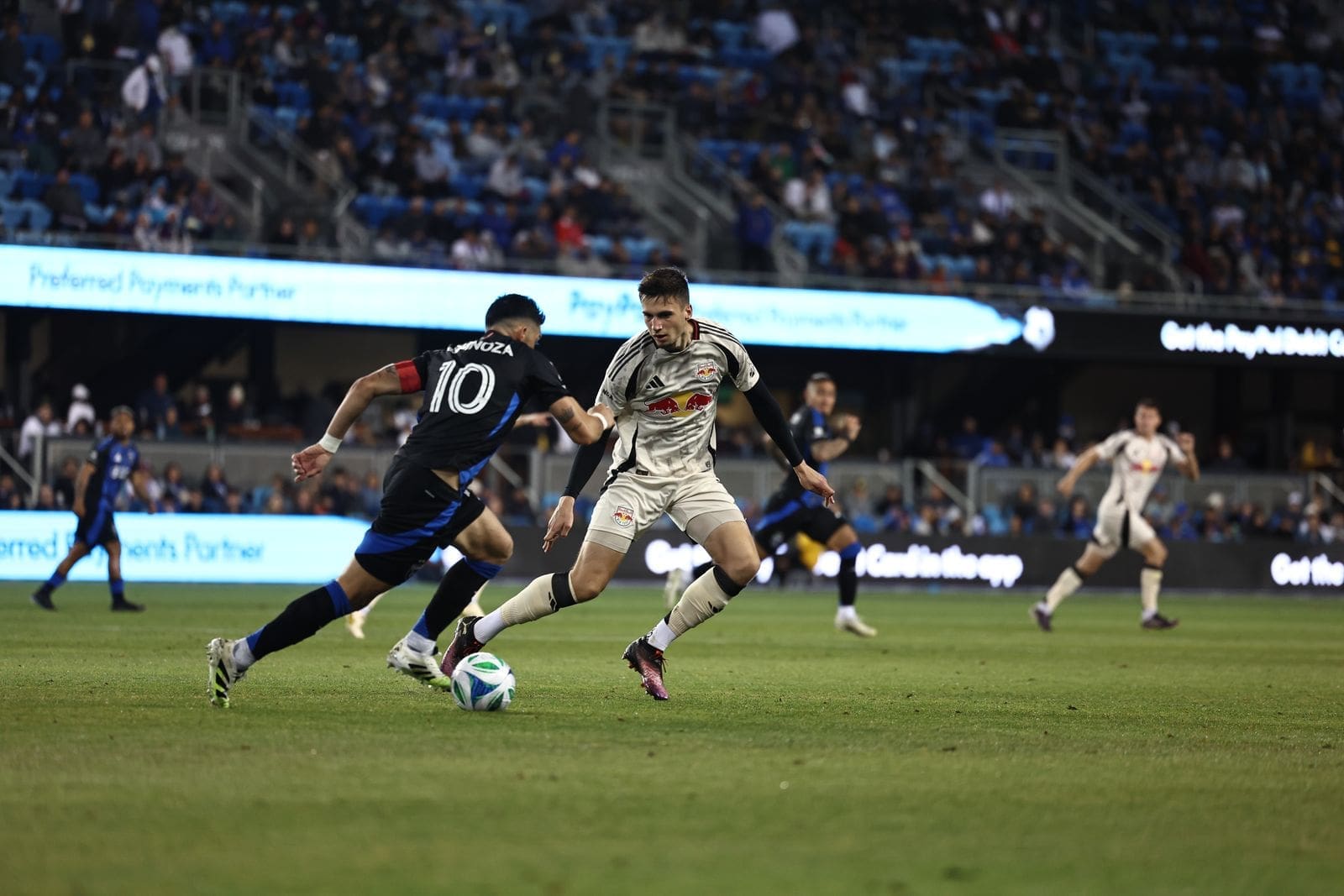 7/5/2025, PayPal Park, San Jose, CA Noah Eile defending the ball. Mandatory Credit NY Red Bulls.