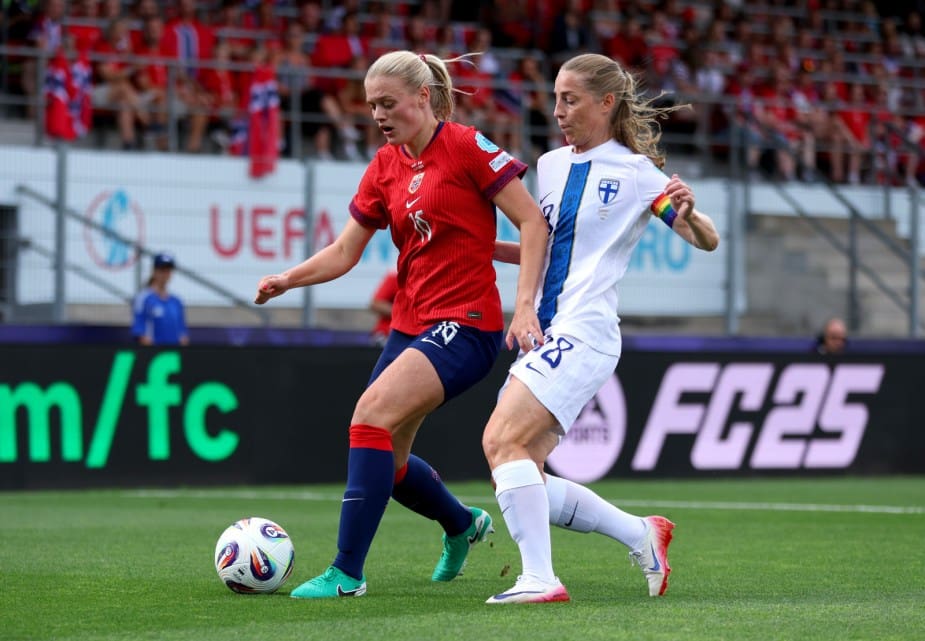 SION, SWITZERLAND - JULY 06: Mathilde Harviken of Norway is challenged by Linda Saellstroem of Finland during the UEFA Women's EURO 2025 Group A match between Norway and Finland at Stade de Tourbillon on July 06, 2025 in Sion, Switzerland. (Photo by Molly Darlington - UEFA/UEFA via Getty Images)