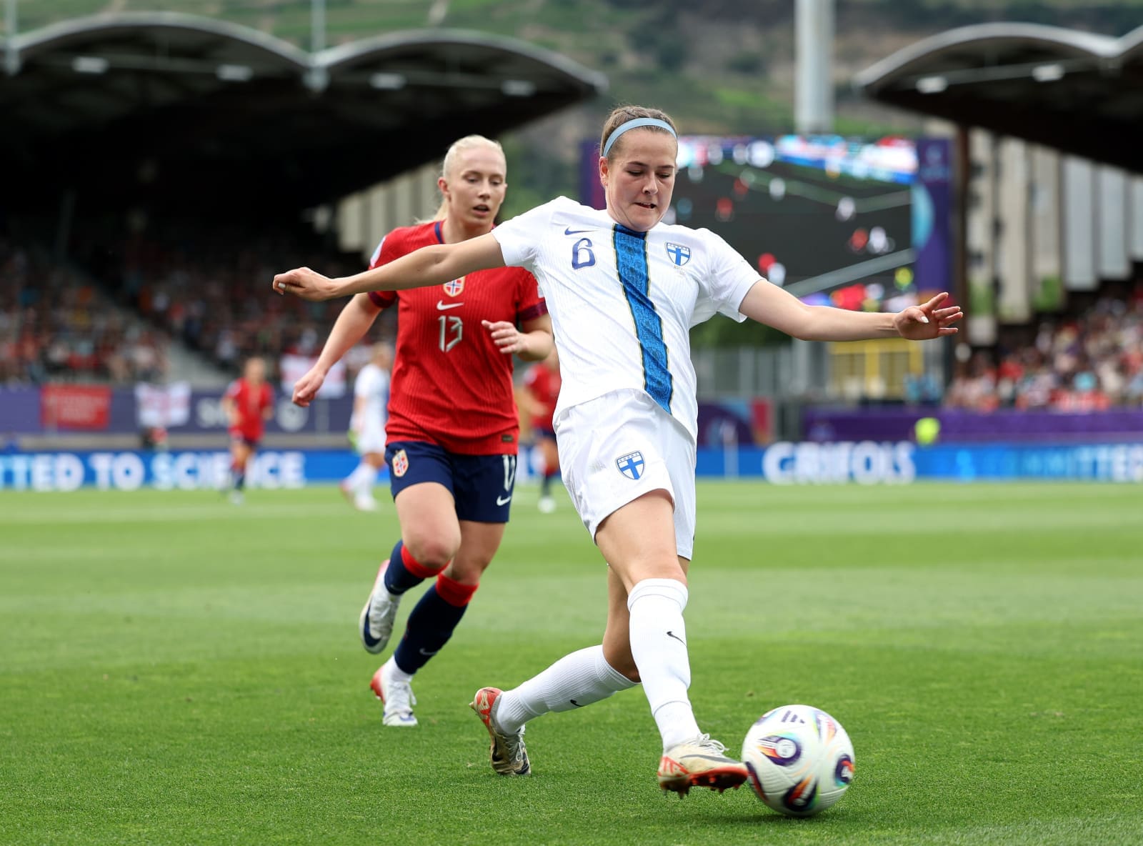 SION, SWITZERLAND - JULY 06: Joanna Tynnila of Finland controls the ball whilst under pressure from Thea Bjelde of Norway during the UEFA Women's EURO 2025 Group A match between Norway and Finland at Stade de Tourbillon on July 06, 2025 in Sion, Switzerland. (Photo by Charlotte Wilson - UEFA/UEFA via Getty Images)