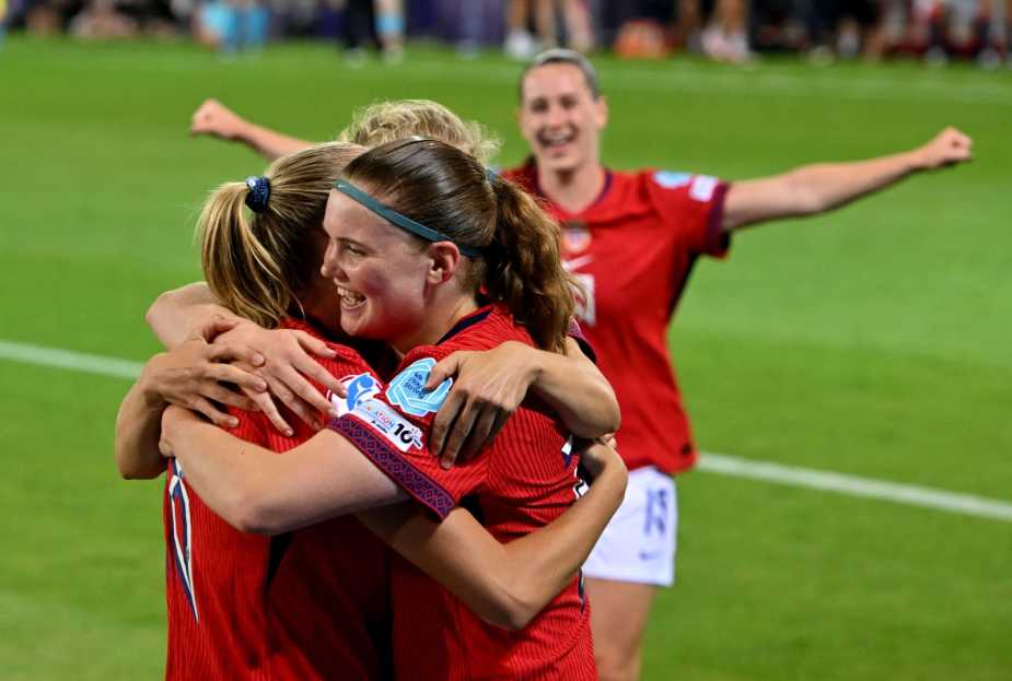 THUN, SWITZERLAND - JULY 10: Frida Maanum of Norway celebrates with teammates after scoring her team's third goal during the UEFA Women's EURO 2025 Group A match between Norway and Iceland at Arena Thun on July 10, 2025 in Thun, Switzerland. (Photo by Chris Ricco - UEFA/UEFA via Getty Images)
