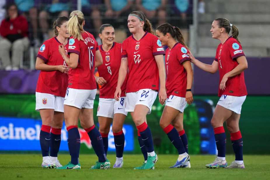 THUN, SWITZERLAND - JULY 10: Signe Gaupset of Norway celebrates with teammates after scoring her team's second goal during the UEFA Women's EURO 2025 Group A match between Norway and Iceland at Arena Thun on July 10, 2025 in Thun, Switzerland. (Photo by Alex Caparros - UEFA/UEFA via Getty Images)