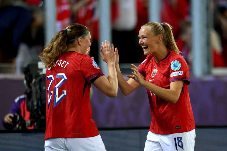 THUN, SWITZERLAND - JULY 10: Frida Maanum of Norway celebrates with teammate Signe Gaupset after scoring her team's third goal during the UEFA Women's EURO 2025 Group A match between Norway and Iceland at Arena Thun on July 10, 2025 in Thun, Switzerland. (Photo by Maja Hitij - UEFA/UEFA via Getty Images)