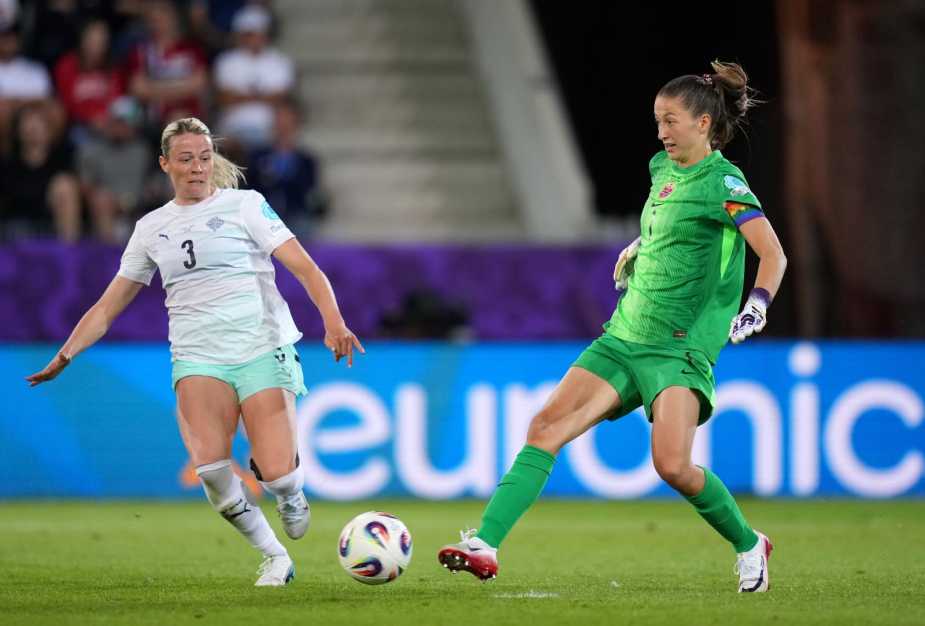 THUN, SWITZERLAND - JULY 10: Cecilie Fiskerstrand of Norway passes the ball whilst under pressure from Sandra Maria Jessen of Iceland during the UEFA Women's EURO 2025 Group A match between Norway and Iceland at Arena Thun on July 10, 2025 in Thun, Switzerland. (Photo by Alex Caparros - UEFA/UEFA via Getty Images)