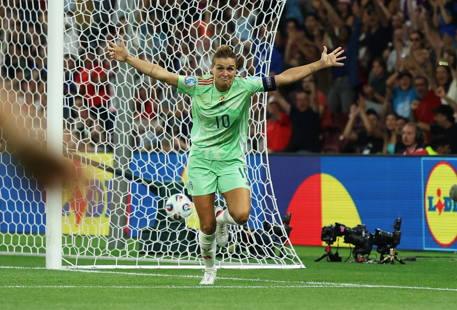 GENEVA, SWITZERLAND - JULY 16: Cristiana Girelli of Italy celebrates scoring her team's first goal during the UEFA Women's EURO 2025 Quarter-Final match between Norway and Italy at Stade de Geneve on July 16, 2025 in Geneva, Switzerland. (Photo by Maja Hitij - UEFA/UEFA via Getty Images)