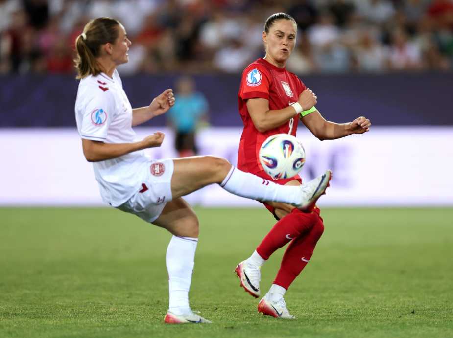 Emma Faerge plays the ball. Mandatory Credit UEFA.com