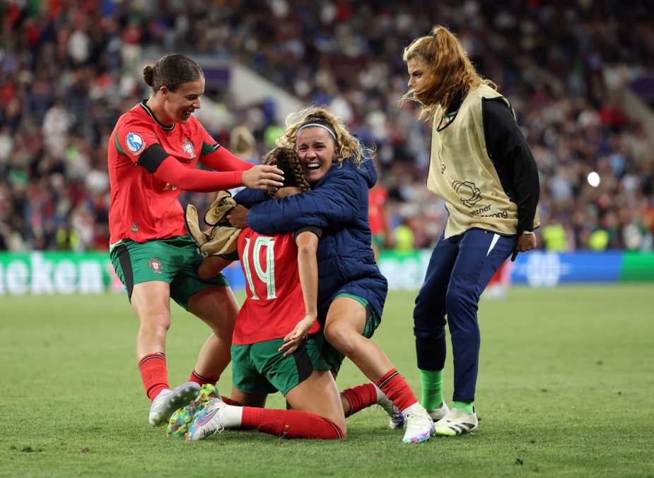GENEVA, SWITZERLAND - JULY 07: Diana Gomes of Portugal celebrates with teammates after scoring her team's first goal during the UEFA Women's EURO 2025 Group B match between Portugal and Italy at Stade de Geneve on July 07, 2025 in Geneva, Switzerland. (Photo by Charlotte Wilson - UEFA/UEFA via Getty Images)