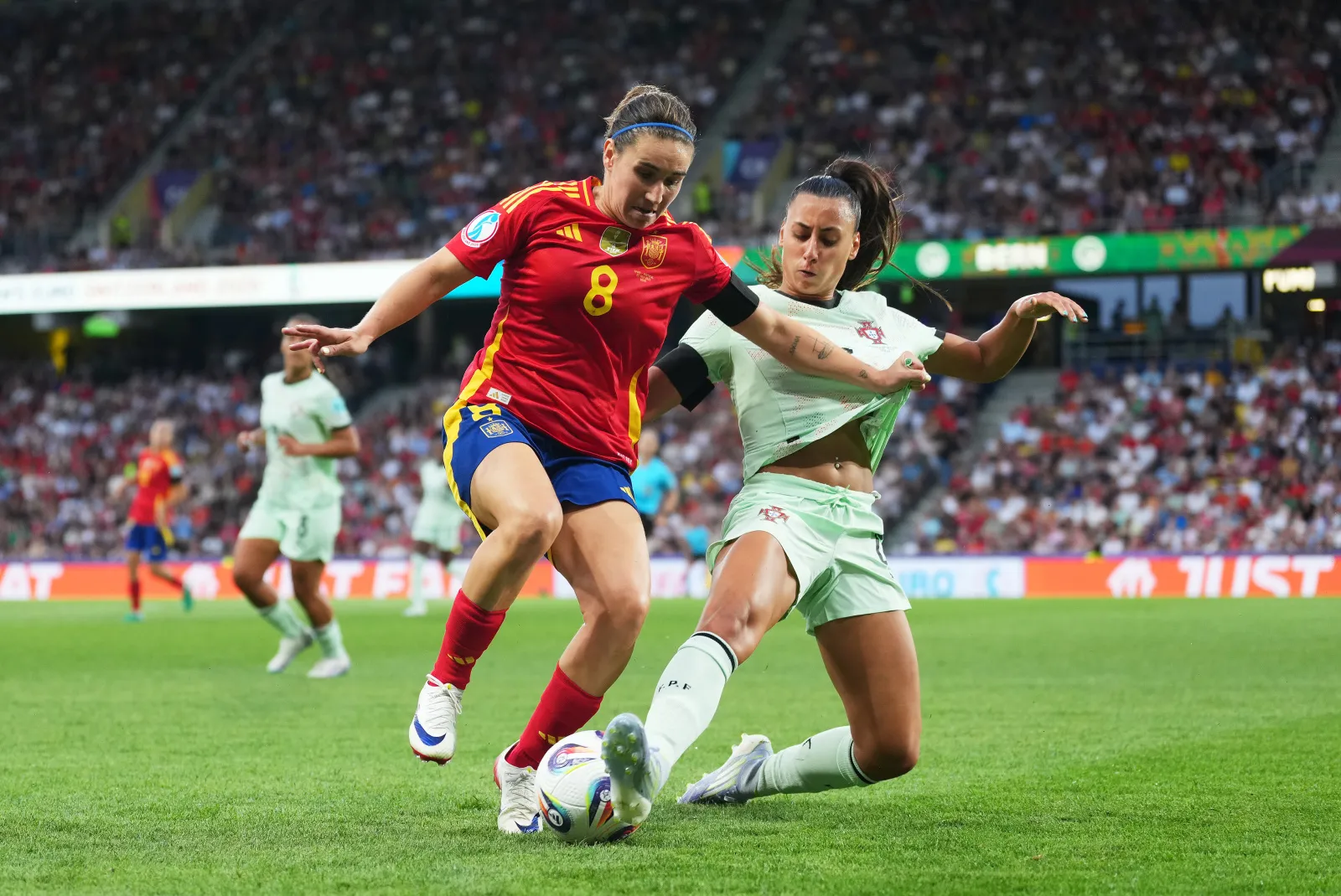 BERN, SWITZERLAND - JULY 03: Mariona Caldentey of Spain is challenged by Catarina Amado of Portugal during the UEFA Women's EURO 2025 Group B match between Spain and Portugal at Stadion Wankdorf on July 03, 2025 in Bern, Switzerland. (Photo by Aitor Alcalde - UEFA/UEFA via Getty Images)