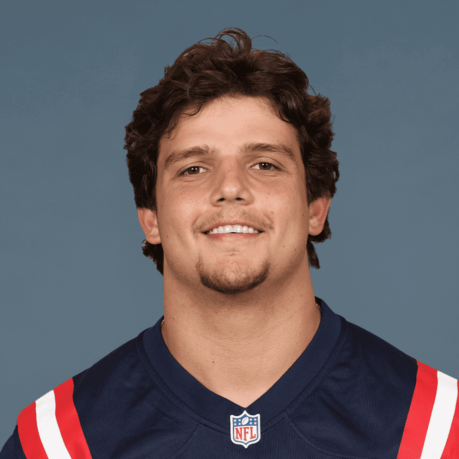Headshot of Will Campbell, the New England Patriots' first-round draft pick, wearing a Patriots jersey and smiling at the camera.
