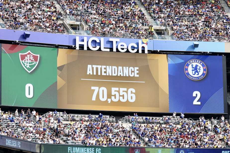 7/8/25, East Rutherford, New Jersey, MetLife Stadium, The LED board displays a match day attendance of 70,556 during the FIFA Club World Cup 2025 semifinal between Fluminense FC and Chelsea FC. Mandatory Credit: Bad Dawg Sports/Jose Pichirilo