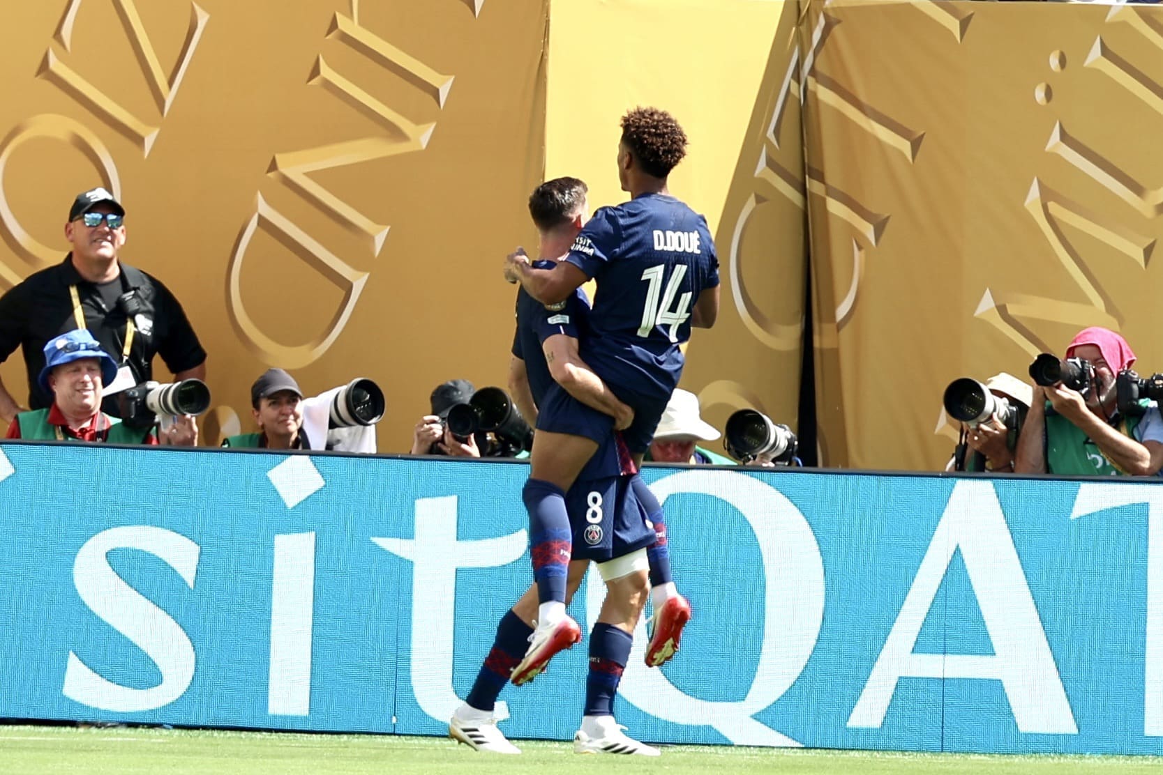 7/9/25, East Rutherford, New Jersey, MetLife Stadium, Fabian Ruiz #8 of Paris Saint-Germain celebrates with teammate #14 Désiré Doué after scoring his team’s opening goal during the FIFA Club World Cup 2025 semi-final match against Real Madrid CF. CF. Mandatory Credit: Bad Dawg Sports/Jose Pichirilo