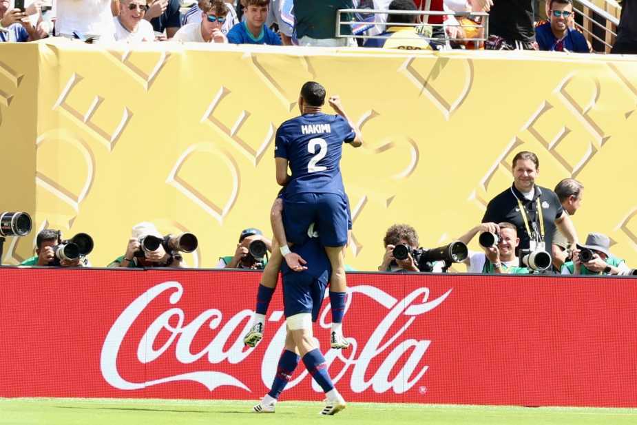 7/9/25, East Rutherford, New Jersey, MetLife Stadium, Fabian Ruiz #8 of Paris Saint-Germain celebrates his team’s third goal alongside teammate #2 Achraf Hakimi during the FIFA Club World Cup 2025 semi-final clash against Real Madrid CF. Mandatory Credit: Bad Dawg Sports/Jose Pichirilo