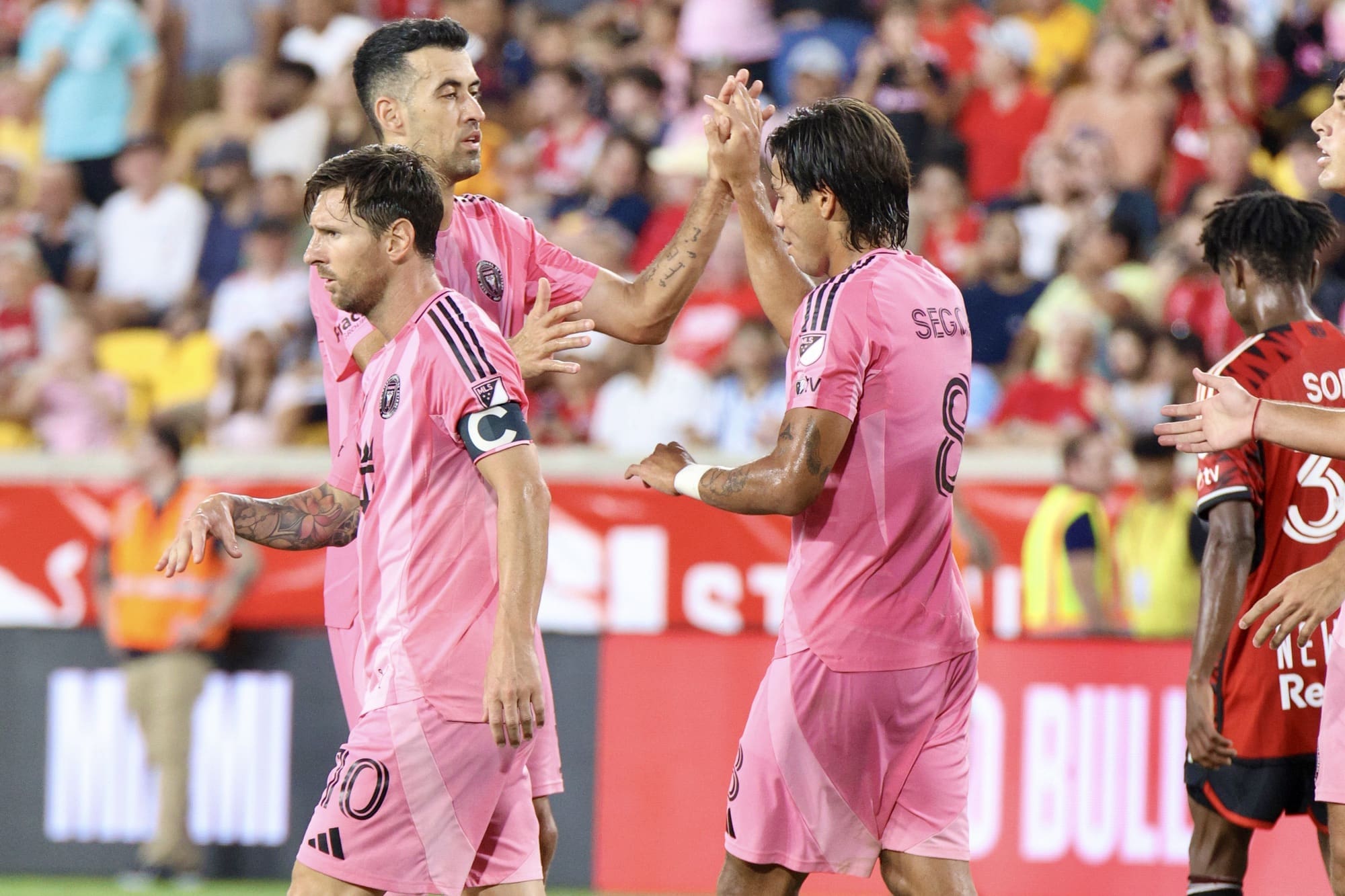 7/19/25, Harrison, New Jersey, Sports Illustrated Stadium. #8 Telasco Segovia of Inter Miami celebrates with a teammate after scoring against the New York Red Bulls during the first half. Jose Pichirilo /Bad Dawg Sports