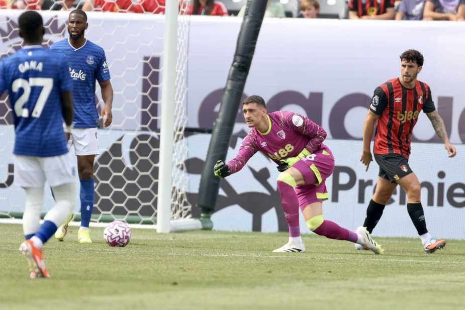 7/26/25, East Rutherford, New Jersey, MetLife Stadium. Đorđe Petrović of Bournemouth throws the ball back into play during the Premier League Summer Series match between Everton FC and AFC Bournemouth. by Jose Pichirilo / Bad Dawg Sports.