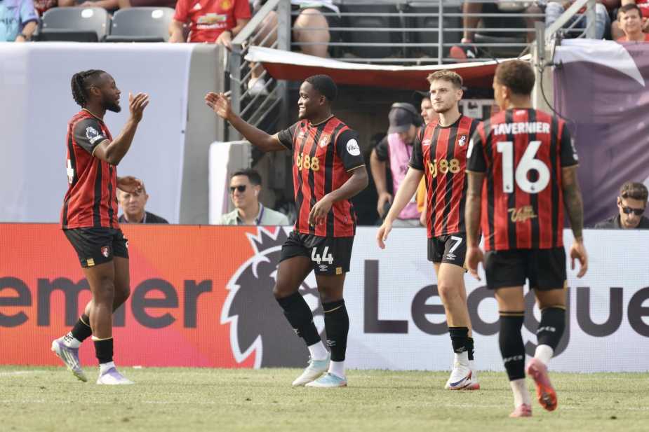7/26/25, East Rutherford, New Jersey, MetLife Stadium. Daniel Adu-Adjei of AFC Bournemouth scores the team's third goal during Premier League Summer Series match against Everton FC. Jose Pichirilo /Bad Dawg Sports