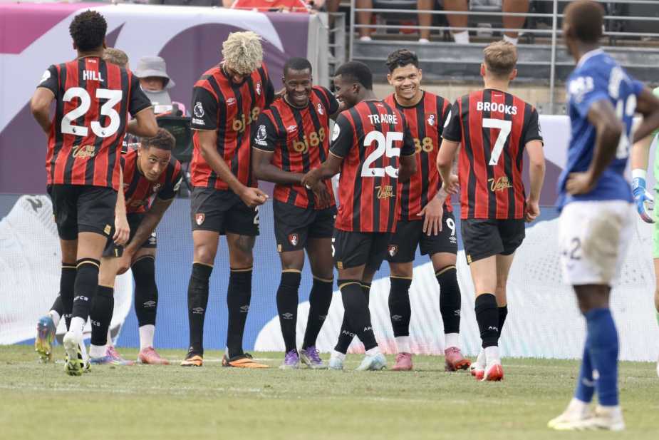 7/26/25, East Rutherford, New Jersey, MetLife Stadium. Dango Ouattara of AFC Bournemouth nets the team’s second goal during Premier League Summer Series match against Everton FC. Jose Pichirilo /Bad Dawg Sports