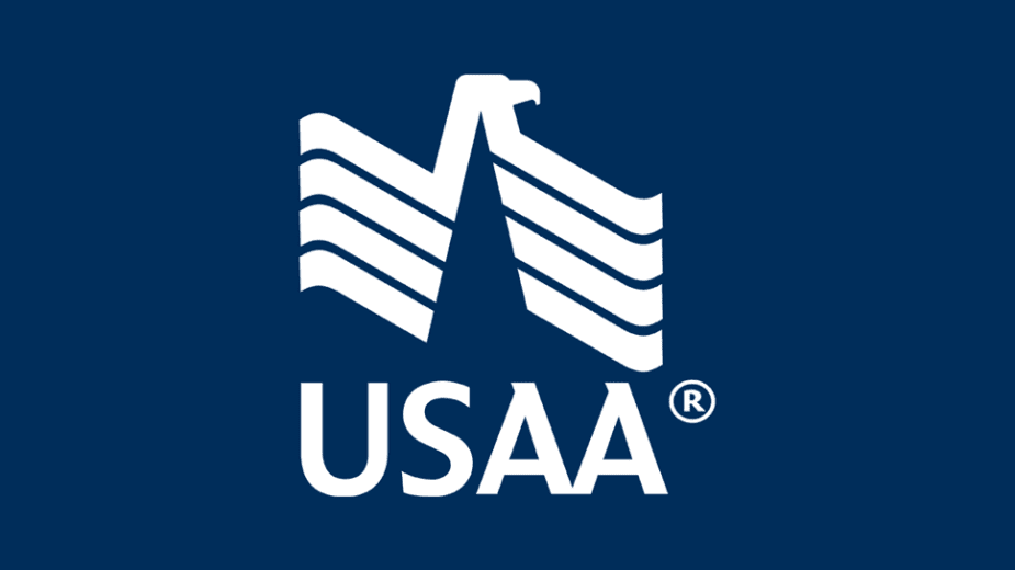 USAA logo featuring stylized eagle and stripes on a dark blue background.