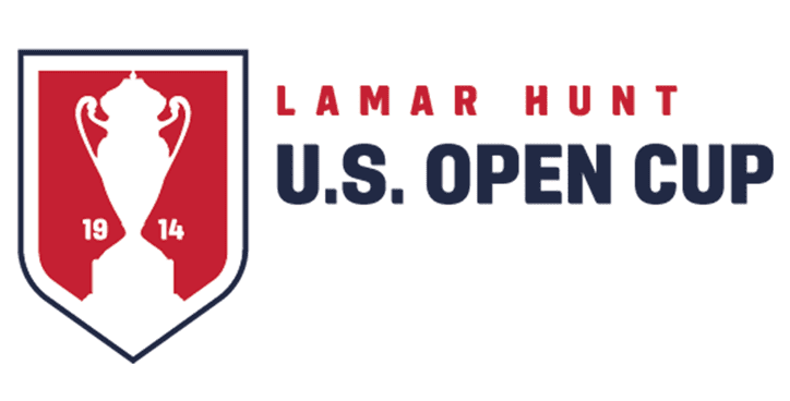 Lamar Hunt U.S. Open Cup official logo featuring red and white trophy design in shield format with "1914" founding year