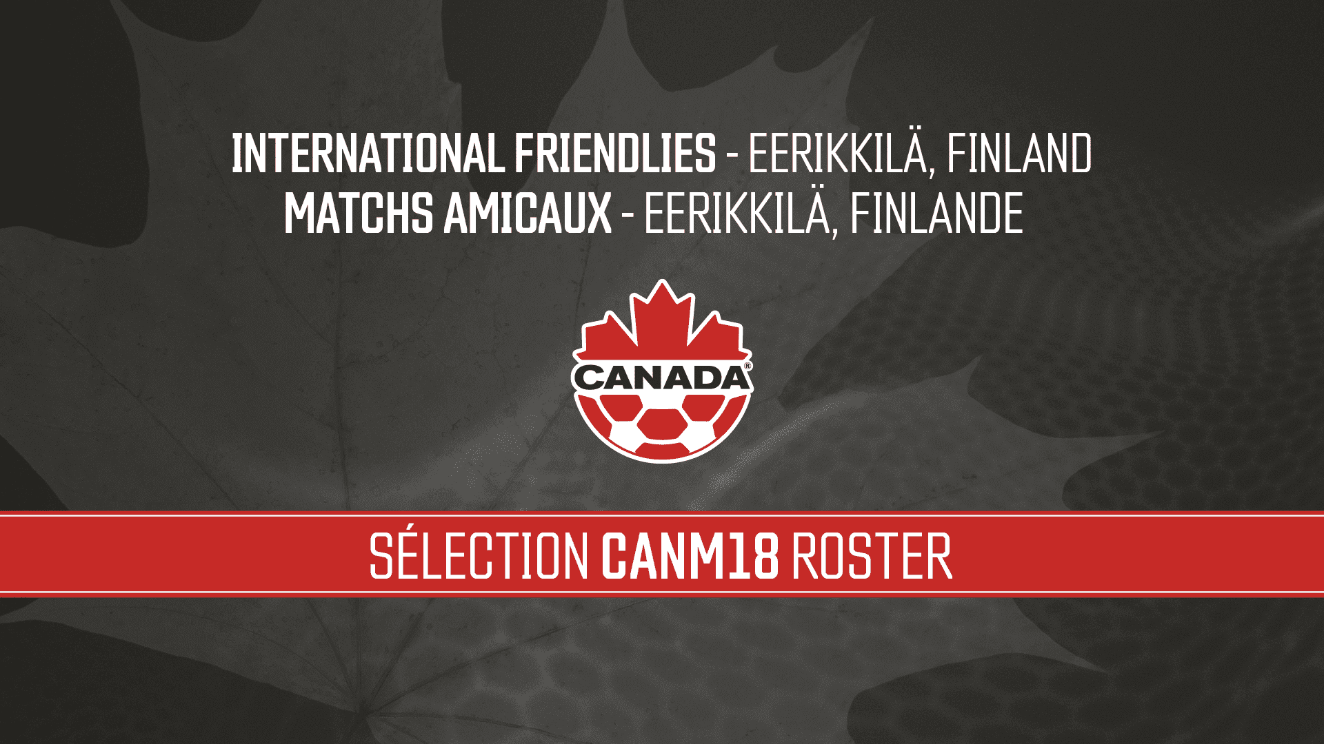Official Canada Soccer graphic announcing the CANM18 roster selection for international friendlies in Eerikkilä, Finland, featuring the Canada Soccer logo on a dark background with soccer ball patterns