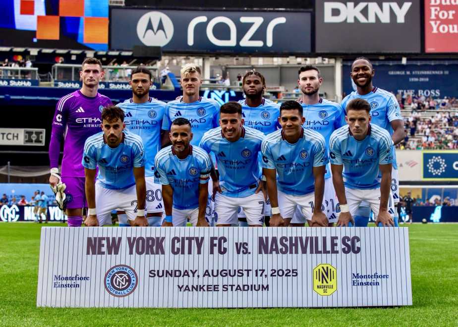 New York City FC starting eleven players pose for team photo before MLS match against Nashville SC at Yankee Stadium