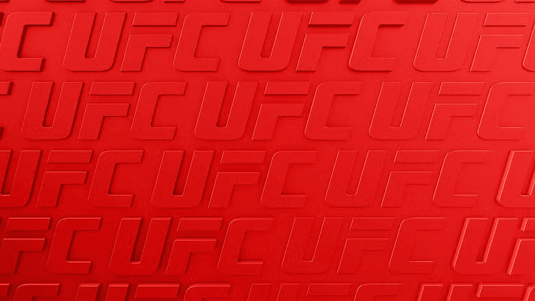 Red embossed UFC logo pattern background with repeating Ultimate Fighting Championship branding in bold relief style
